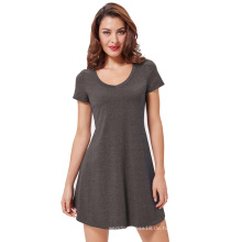 Kate Kasin Frauen Casual Loose Kurzarm V-Ausschnitt Unregelmäßiger Hem Kaffee Baumwollkleid KK000626-3